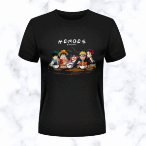 heroes anime t shirt – black graphic tee featuring naruto, luffy, goku & more | unisex streetwear