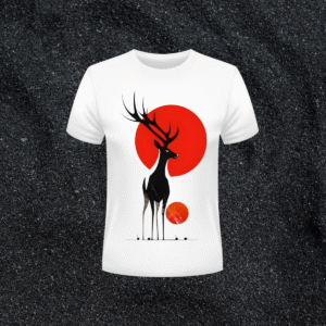 minimalist deer graphic t shirt with red sun – unisex beige tee