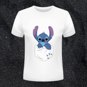 stitch peeking from pocket cartoon graphic white t shirt