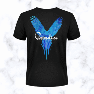 black "paradise" light blue script t shirt