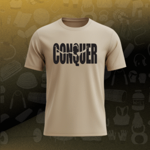 motivation wear: conquer bodybuilding graphic t shirt beige